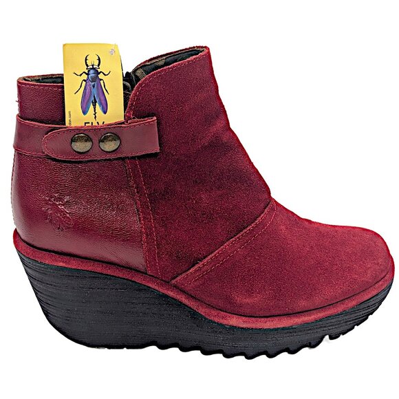 FLY London Suede Ankle Boot Yuro Red - Medium Size EU 38 US 7 to 7.5 Wedge New - Picture 1 of 8